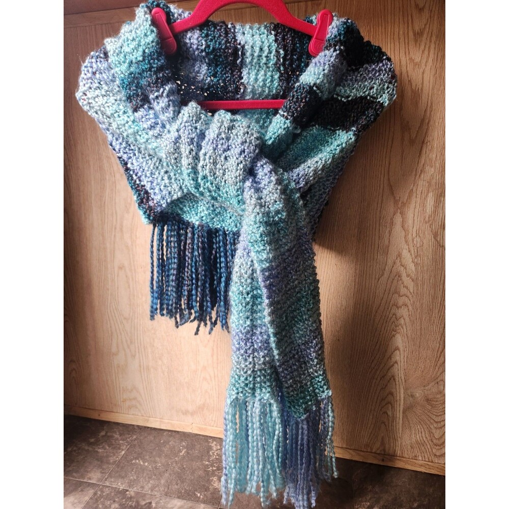 Soft Wide Handmade Scarf Crochet ~18x64 In. Multicolor Blue Stripes W/ Fringe - Picture 1 of 16